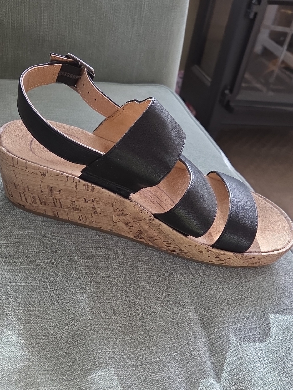 Life Stride Black Cork Wedge Sandal-Wynonna